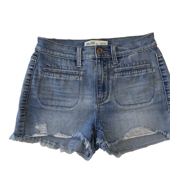 Mudd FLX Distressed Denim Jean Shortie Junior SZ 3 Blue Frayed Hem High Rise - Picture 2 of 10